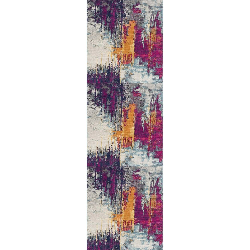 10' Gray Ivory And Magenta Abstract Runner Rug