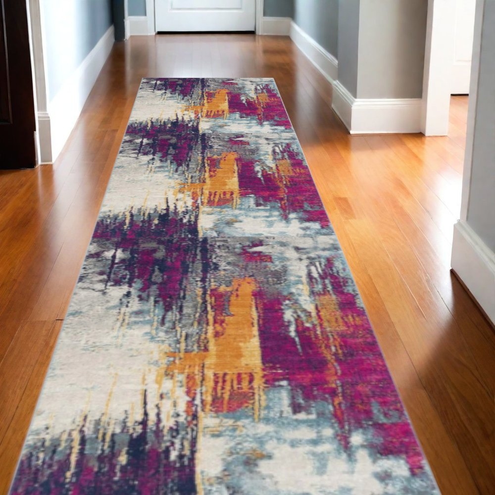 10' Gray Ivory And Magenta Abstract Runner Rug