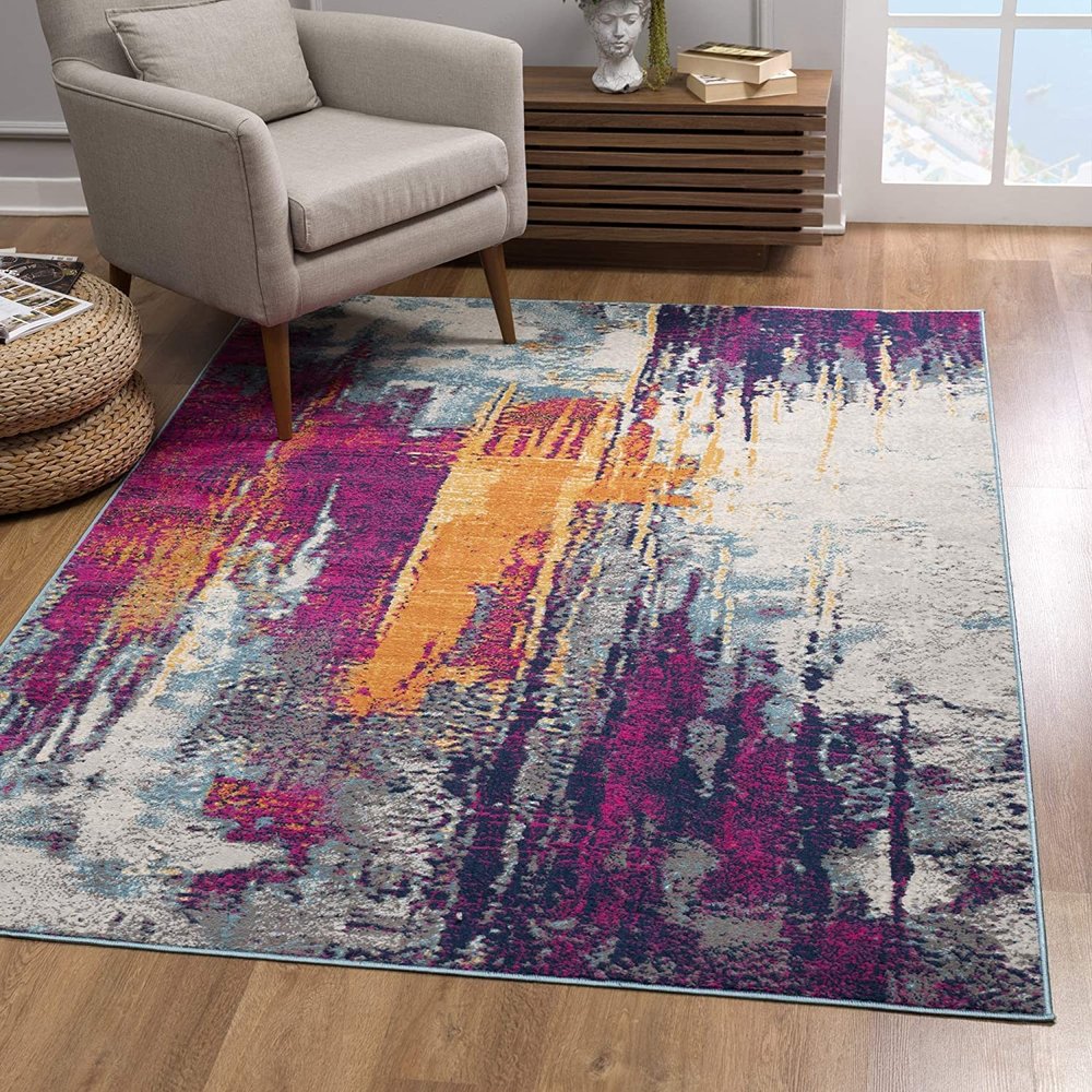10' Gray Ivory And Magenta Abstract Runner Rug