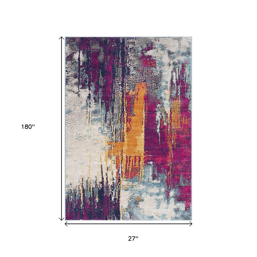 2' X 4' Gray Ivory And Magenta Abstract Area Rug