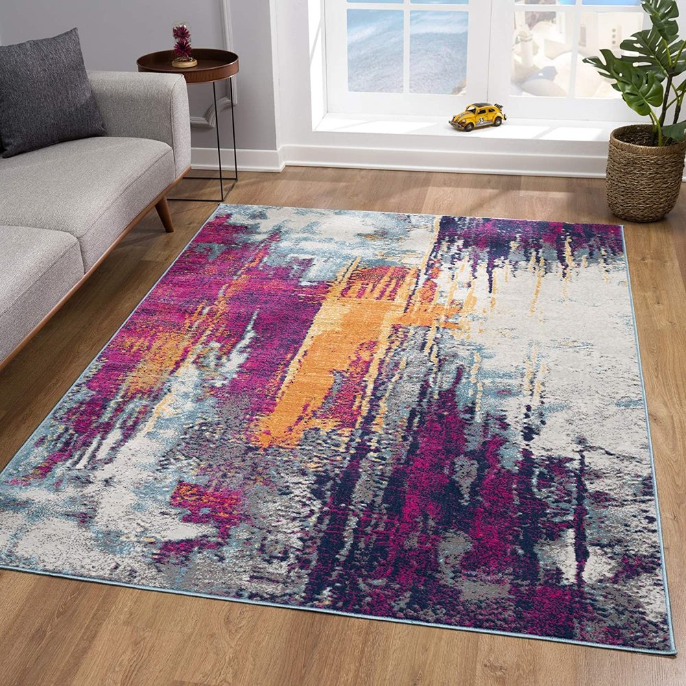 2' X 4' Gray Ivory And Magenta Abstract Area Rug