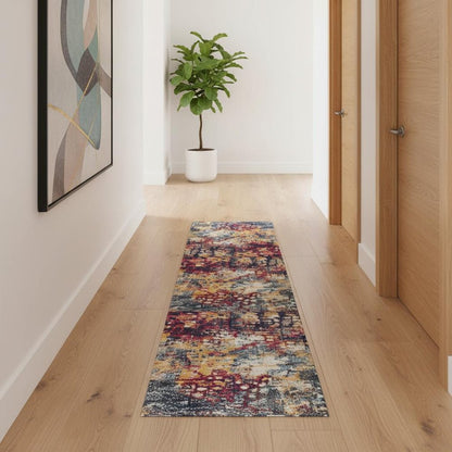 15' Blue And Ivory Abstract Runner Rug