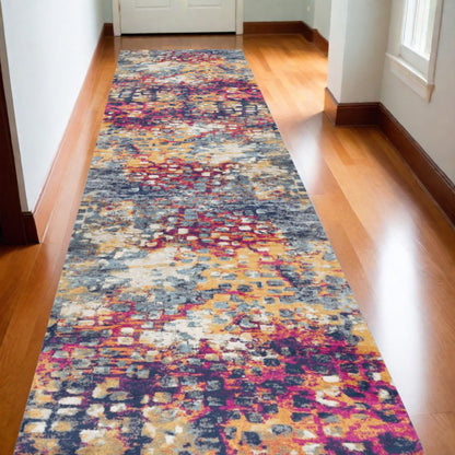 15' Blue And Ivory Abstract Runner Rug