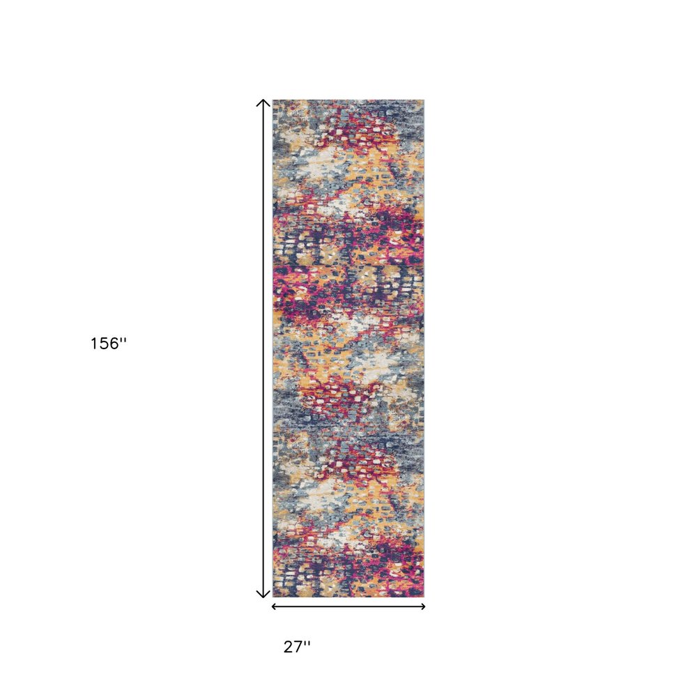 10' Magenta and Gold Abstract Runner Rug
