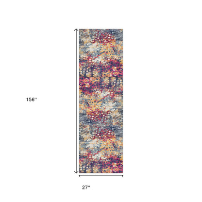 15' Blue And Ivory Abstract Runner Rug