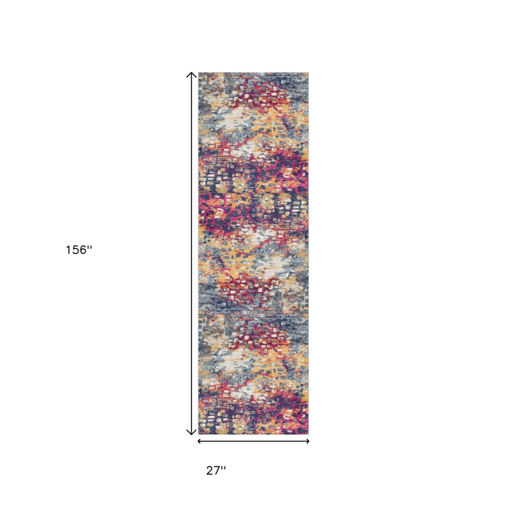 15' Blue And Ivory Abstract Runner Rug