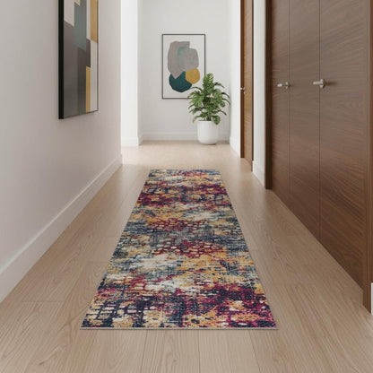 10' Magenta and Gold Abstract Runner Rug