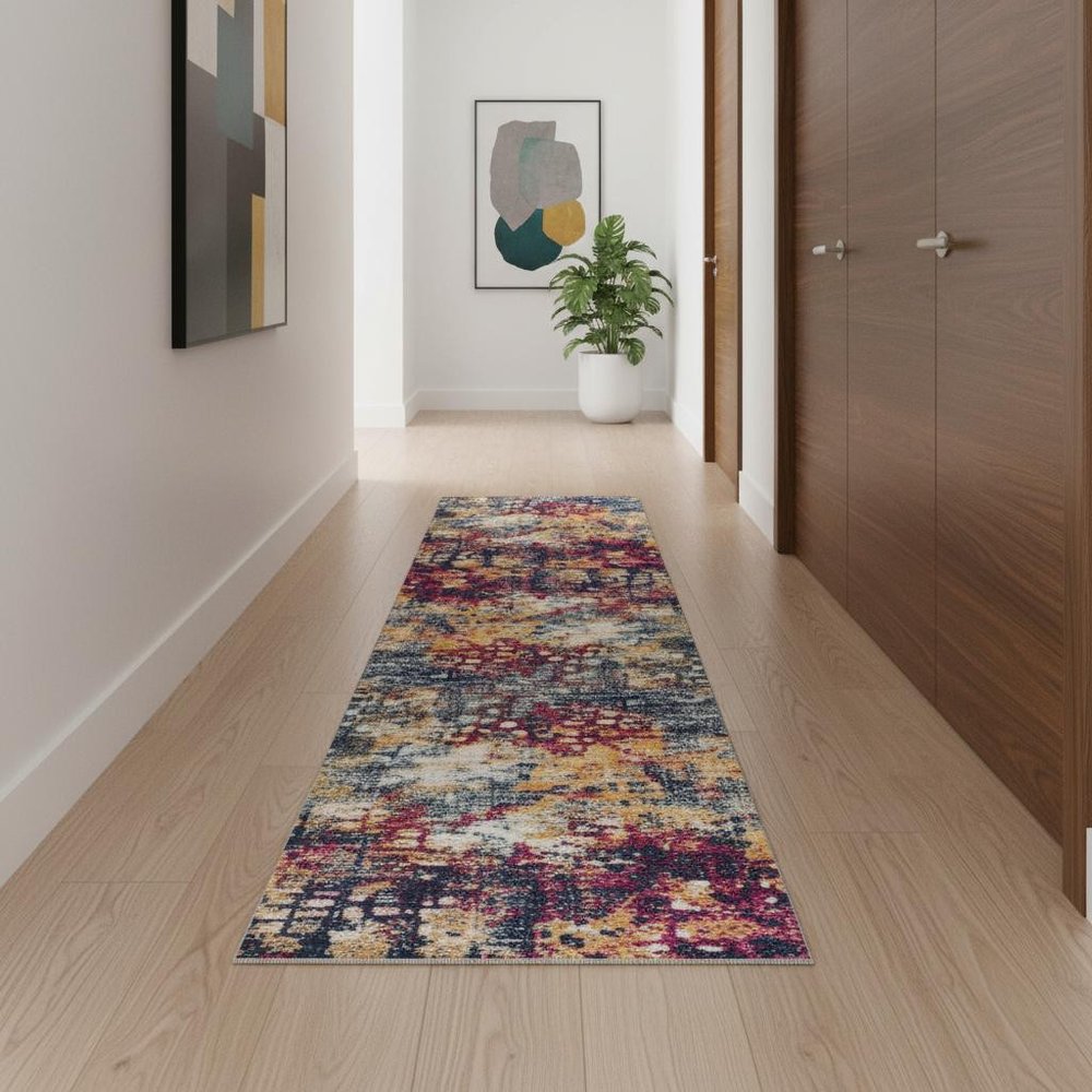 10' Magenta and Gold Abstract Runner Rug