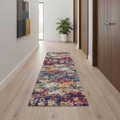 10' Magenta and Gold Abstract Runner Rug