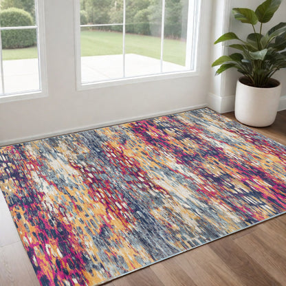 10' Magenta and Gold Abstract Runner Rug