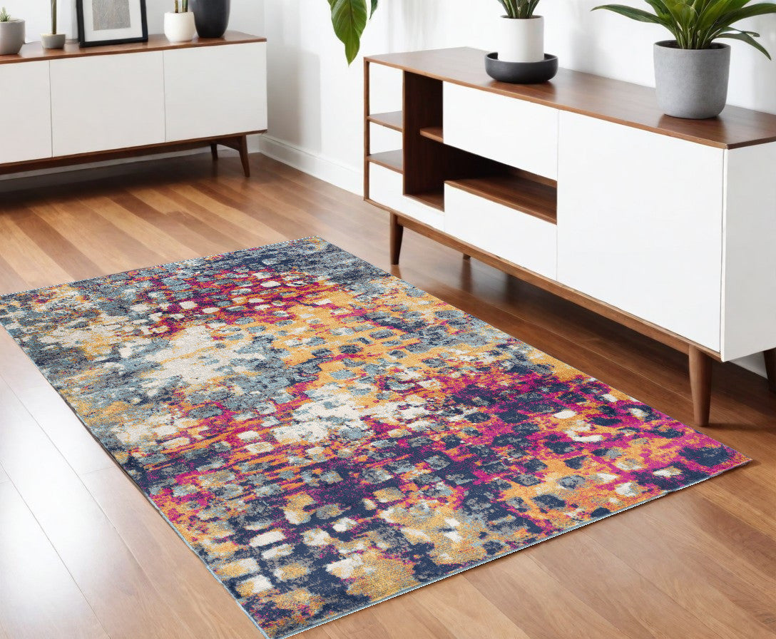 10' Magenta and Gold Abstract Runner Rug