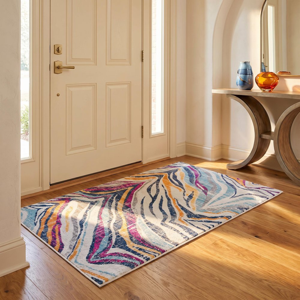 2' X 4' Blue and Gold Abstract Area Rug