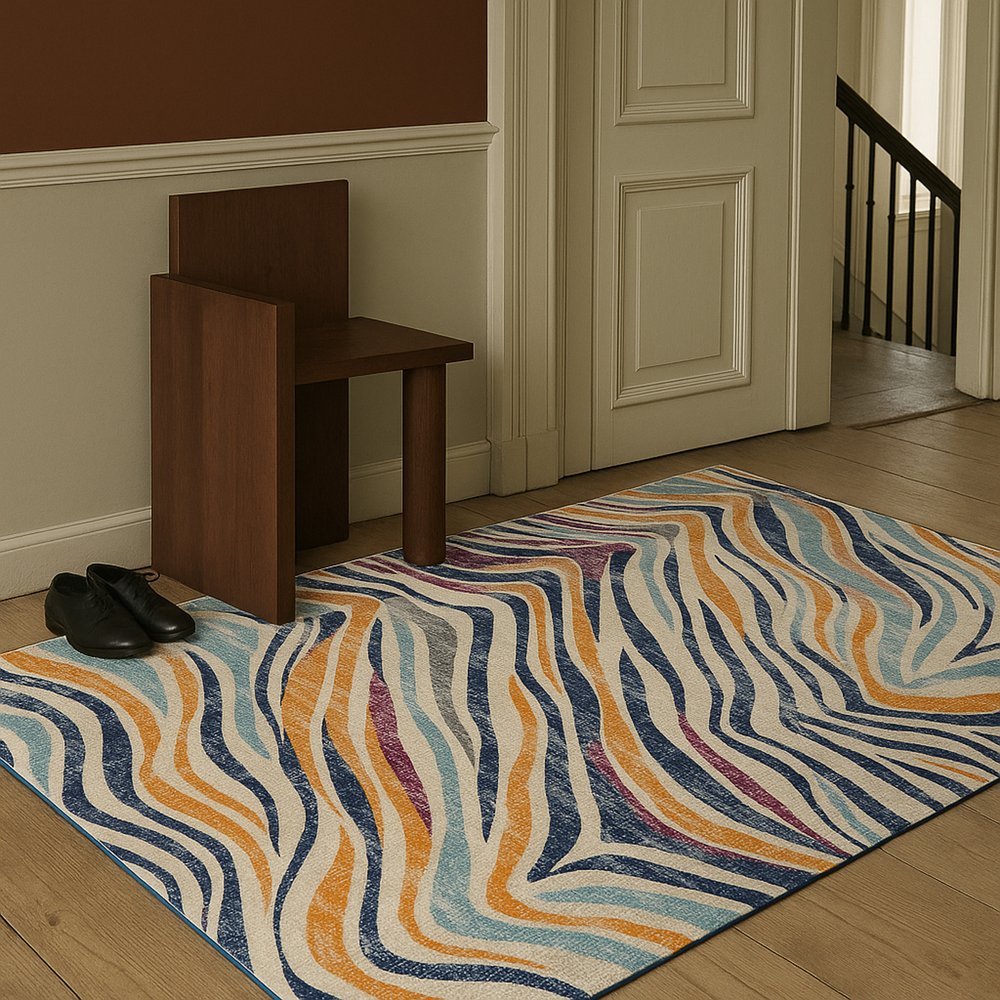 2' X 4' Blue and Gold Abstract Area Rug
