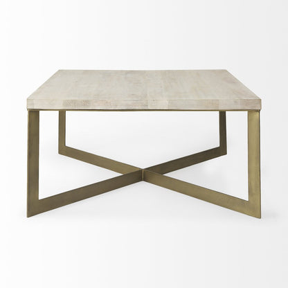 34" Beige Wood and Metal Square Coffee Table