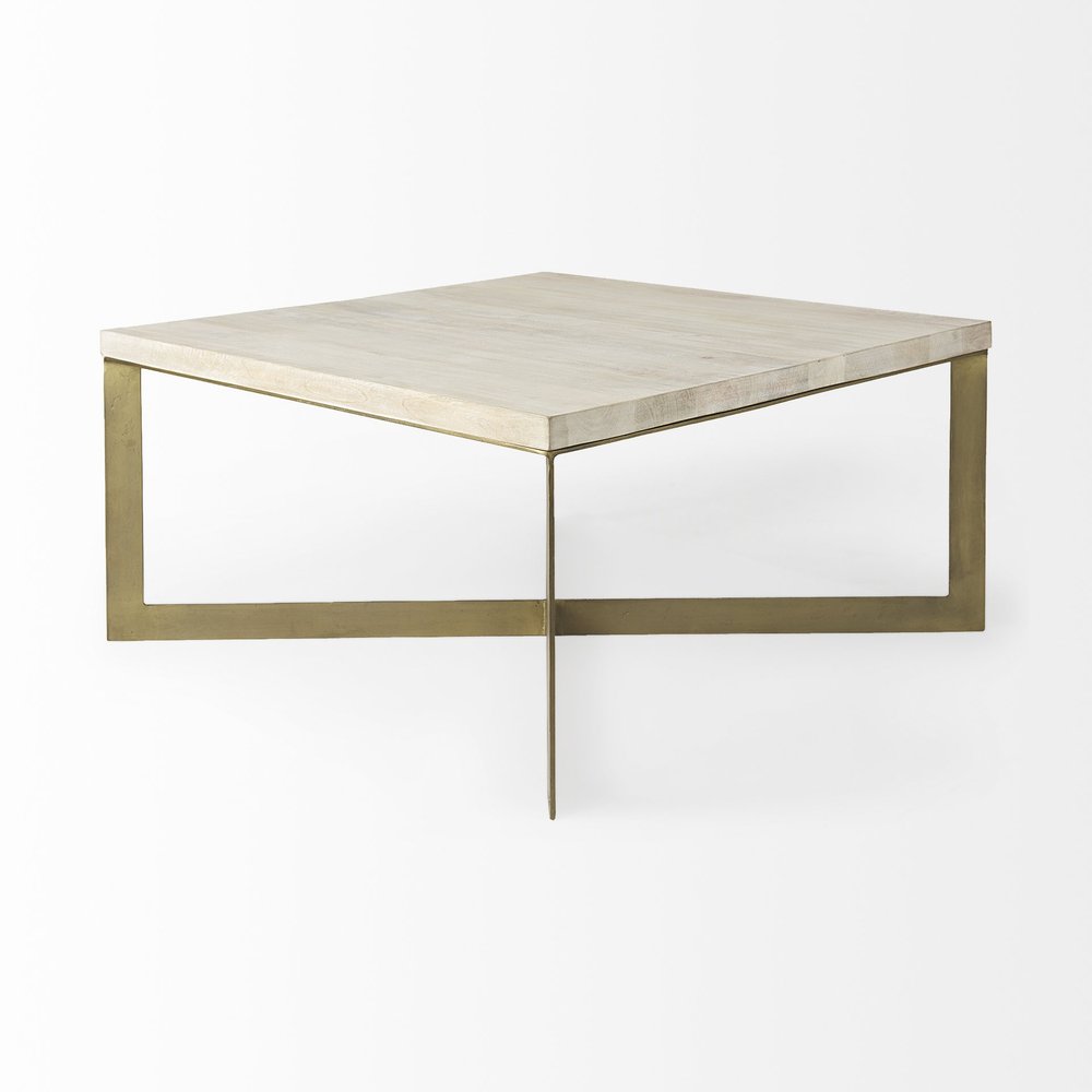 34" Beige Wood and Metal Square Coffee Table