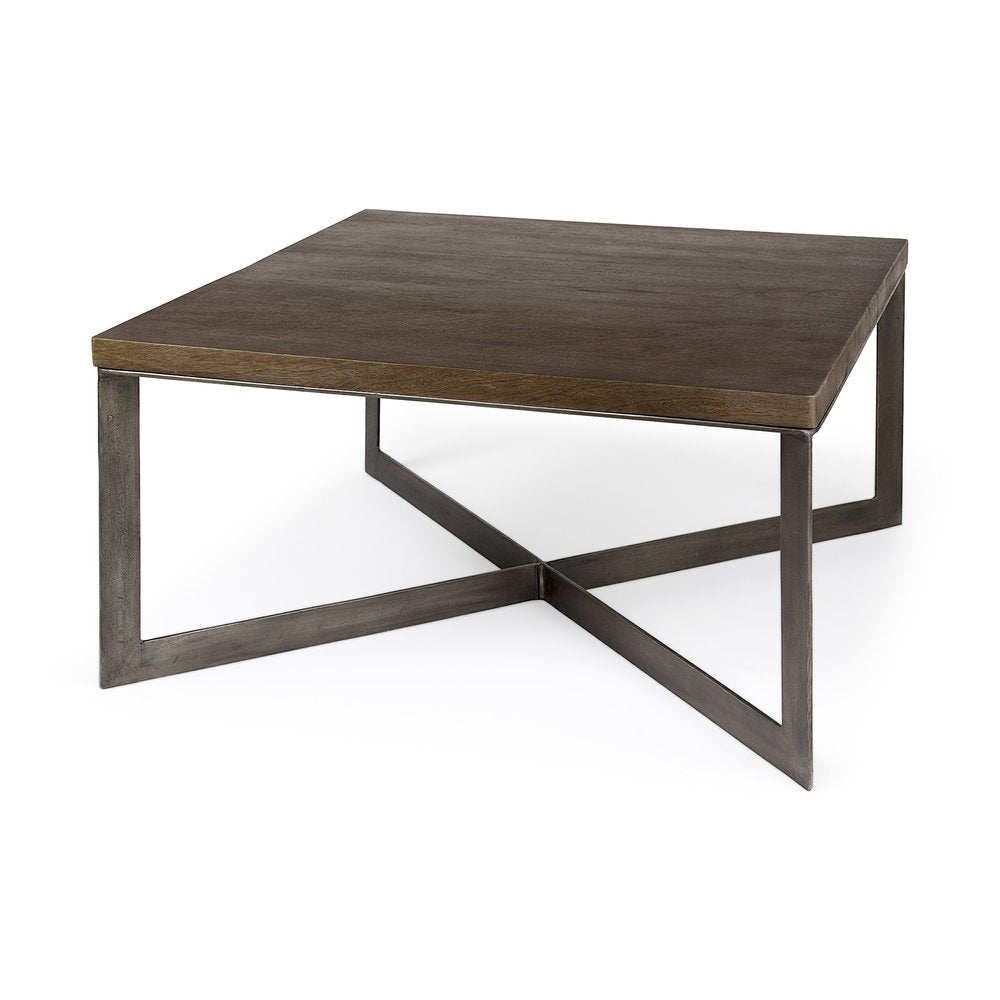 34" Brown Solid Wood And Iron Square Coffee Table
