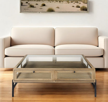 42" Clear and Black Glass and Metal Square Coffee Table With Two Drawers And Shelf