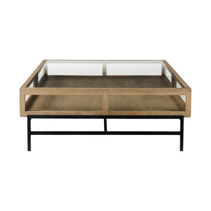 42" Clear and Black Glass and Metal Square Coffee Table With Two Drawers And Shelf