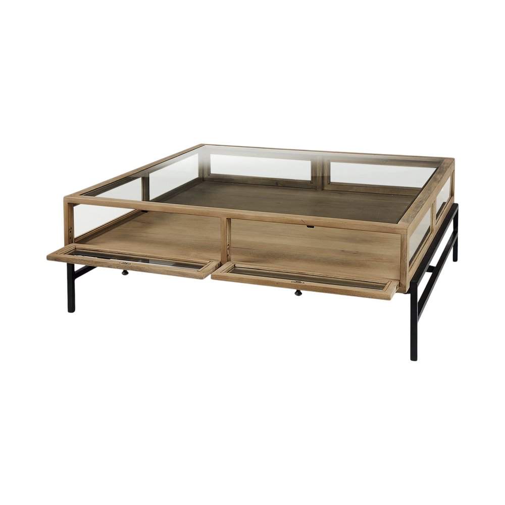 42" Clear and Black Glass and Metal Square Coffee Table With Two Drawers And Shelf