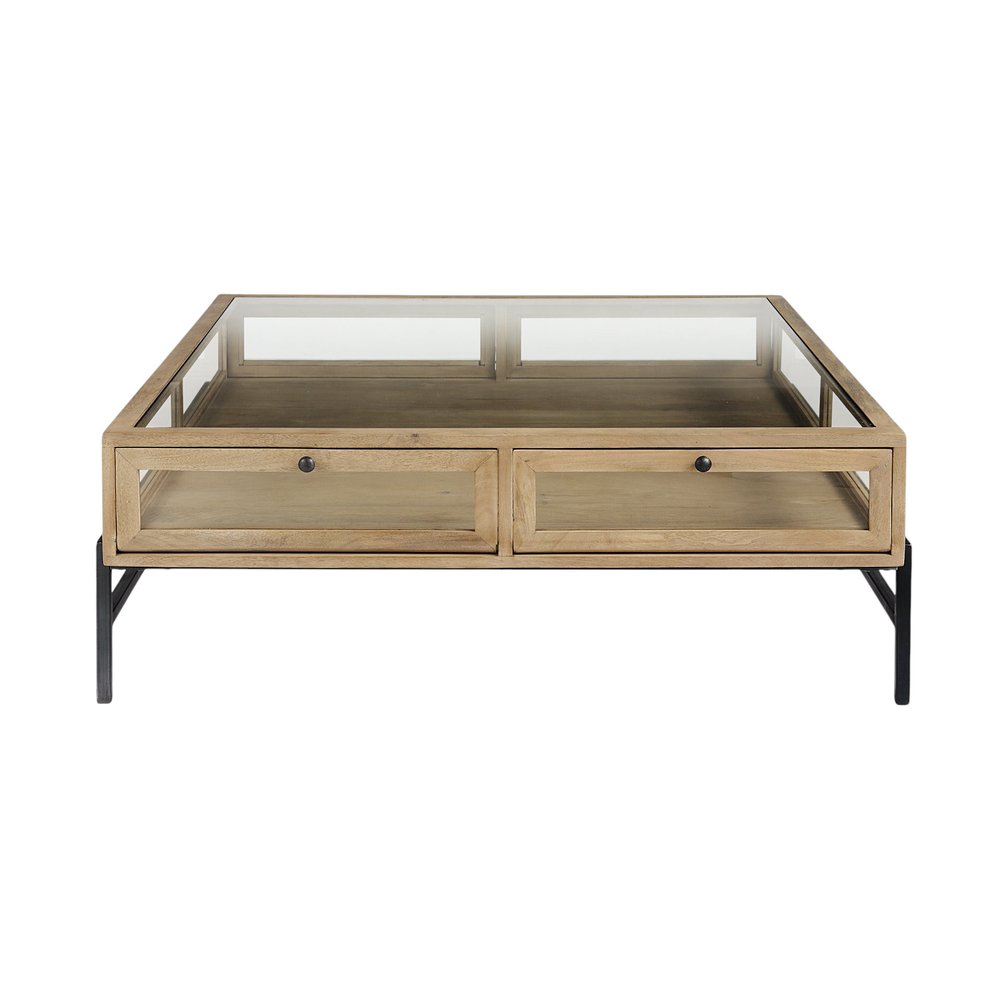 42" Clear and Black Glass and Metal Square Coffee Table With Two Drawers And Shelf
