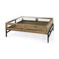 42" Clear and Black Glass and Metal Square Coffee Table With Two Drawers And Shelf