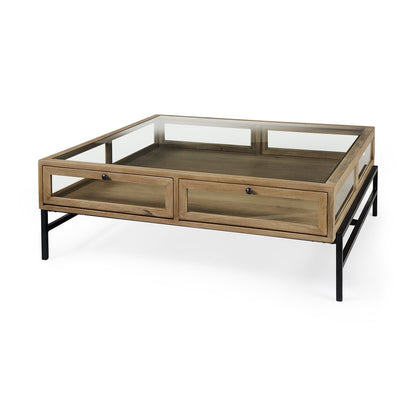 42" Clear and Black Glass and Metal Square Coffee Table With Two Drawers And Shelf