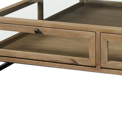 42" Clear and Black Glass and Metal Square Coffee Table With Two Drawers And Shelf