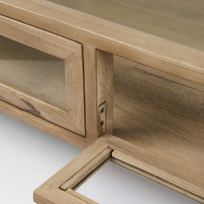 42" Clear and Black Glass and Metal Square Coffee Table With Two Drawers And Shelf