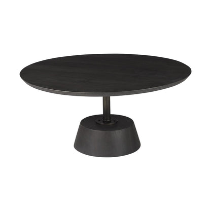 32" Dark Brown and Black Solid Wood and Iron Round Pedestal Coffee Table