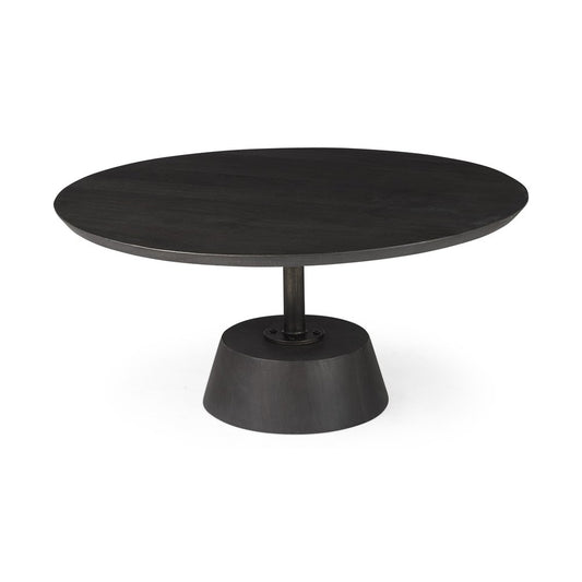 32" Dark Brown and Black Solid Wood and Iron Round Pedestal Coffee Table
