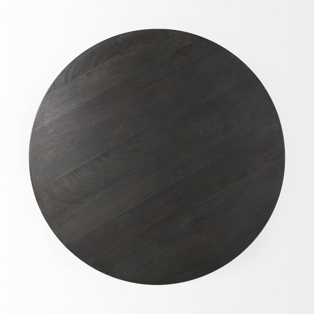 32" Dark Brown and Black Solid Wood and Iron Round Pedestal Coffee Table