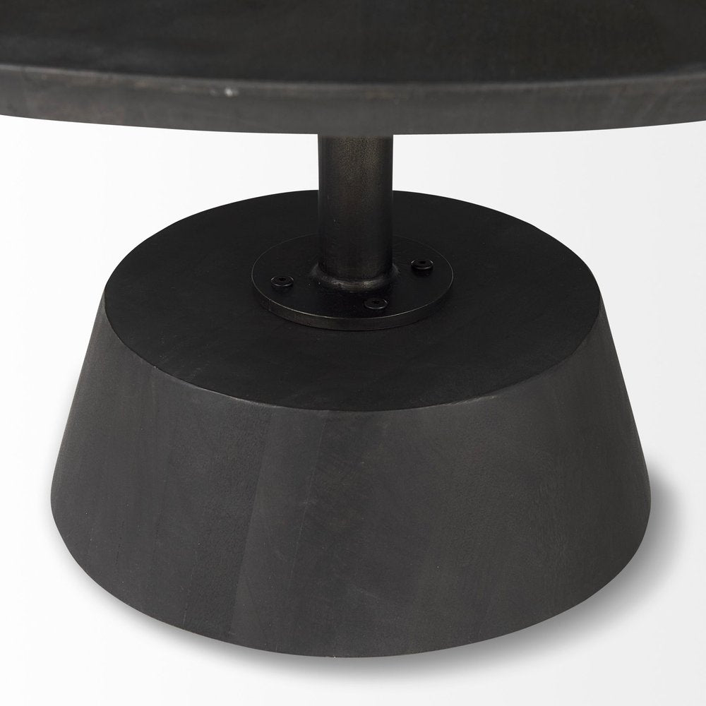 32" Dark Brown and Black Solid Wood and Iron Round Pedestal Coffee Table
