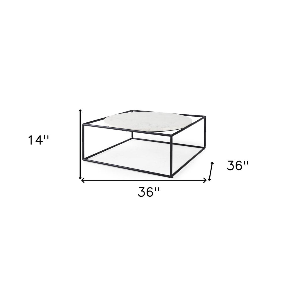 36" White and Black Genuine Marble and Metal Square Frame Coffee Table