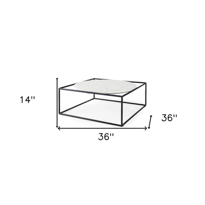 36" White and Black Genuine Marble and Metal Square Frame Coffee Table