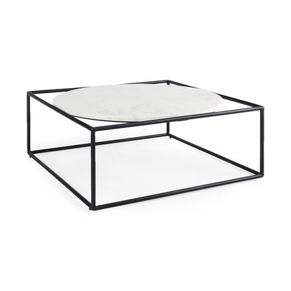 36" White and Black Genuine Marble and Metal Square Frame Coffee Table