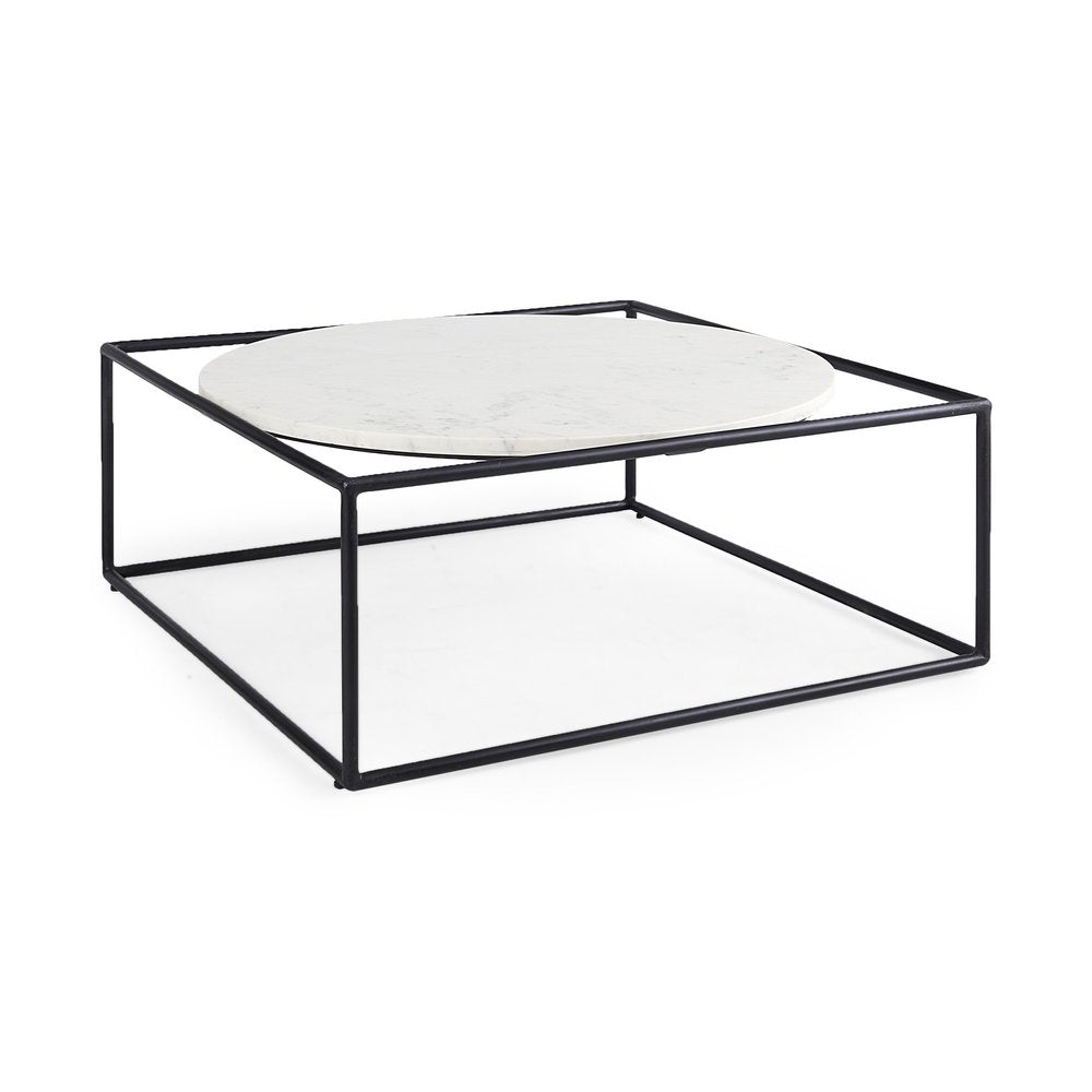 36" White and Black Genuine Marble and Metal Square Frame Coffee Table