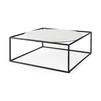 36" White and Black Genuine Marble and Metal Square Frame Coffee Table