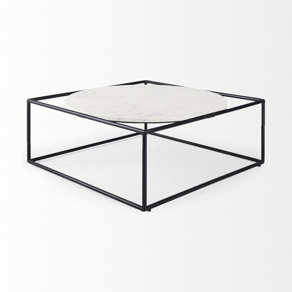 36" White and Black Genuine Marble and Metal Square Frame Coffee Table