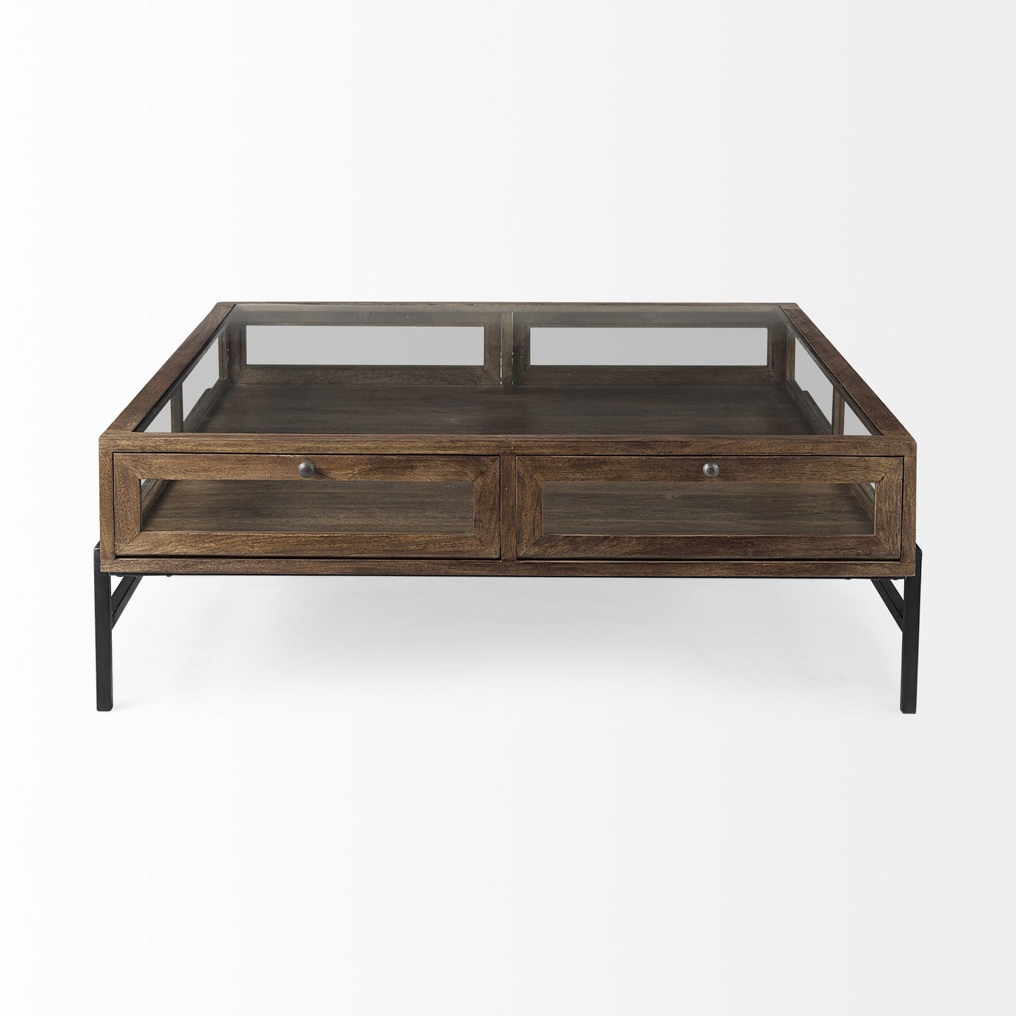 42" Dark Brown Glass And Metal Square Coffee Table With Shelf