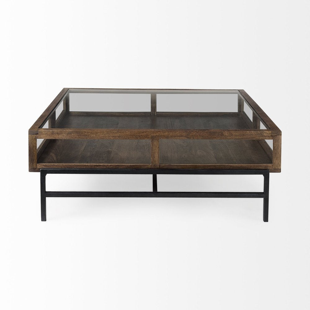 42" Dark Brown Glass and Metal Square Coffee Table With Shelf
