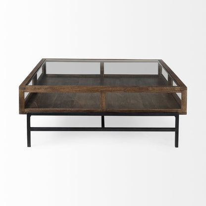 42" Dark Brown Glass and Metal Square Coffee Table With Shelf
