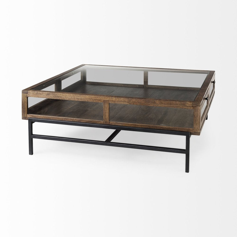 42" Dark Brown Glass and Metal Square Coffee Table With Shelf