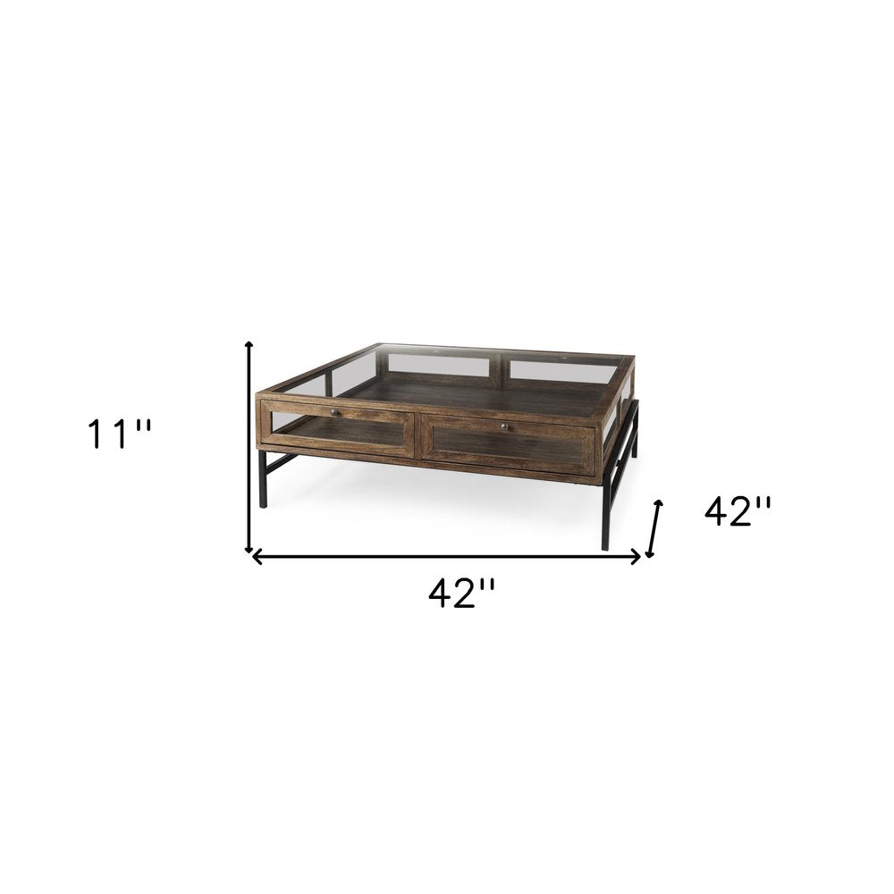 42" Dark Brown Glass and Metal Square Coffee Table With Shelf