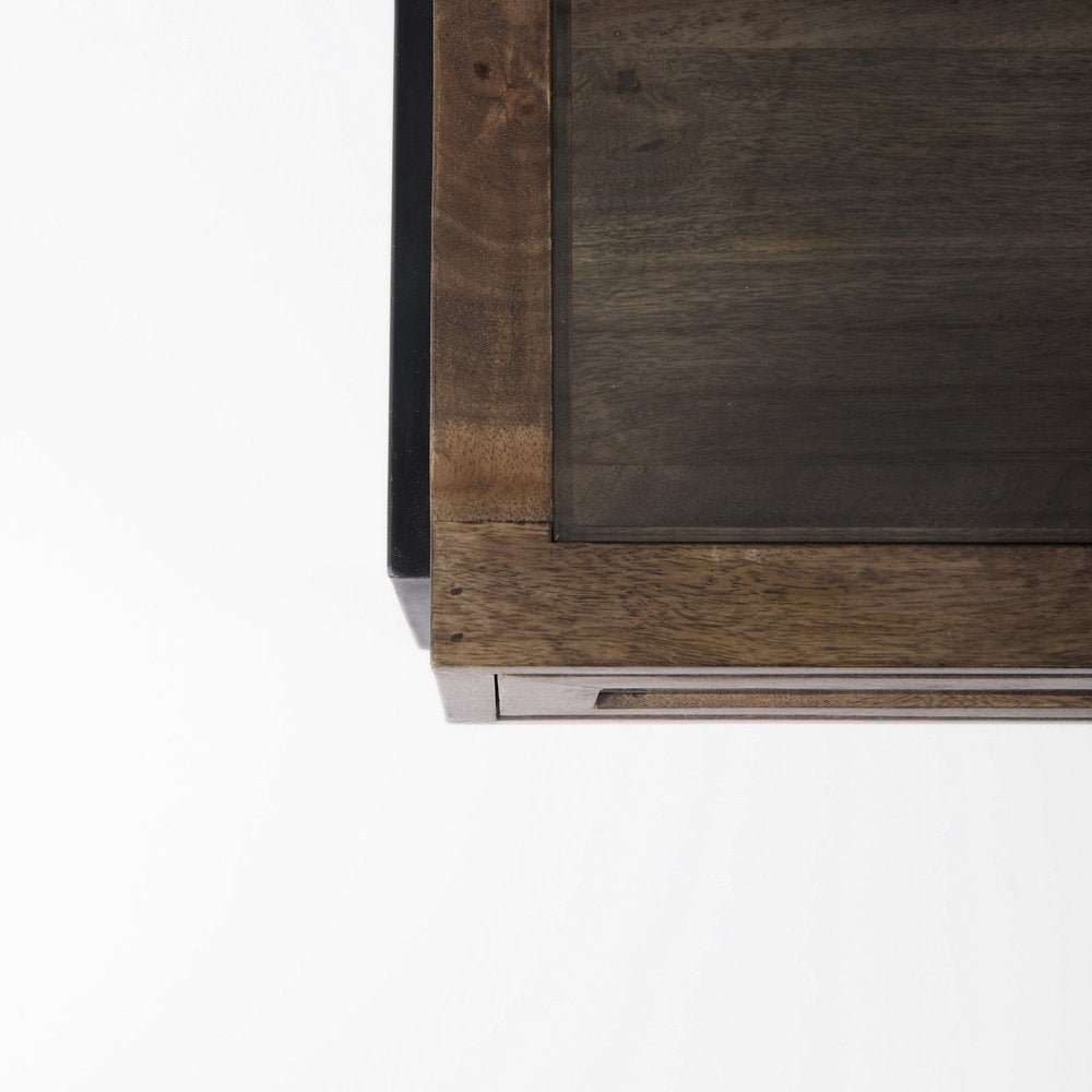 42" Dark Brown Glass and Metal Square Coffee Table With Shelf