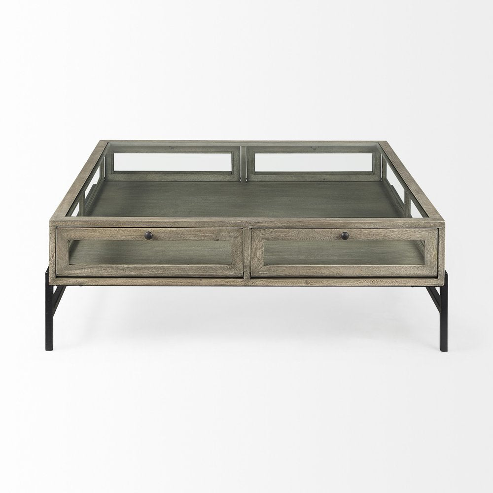 42" Gray and Black Glass and Metal Square Coffee Table With Shelf