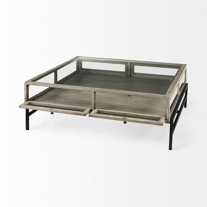 42" Gray and Black Glass and Metal Square Coffee Table With Shelf