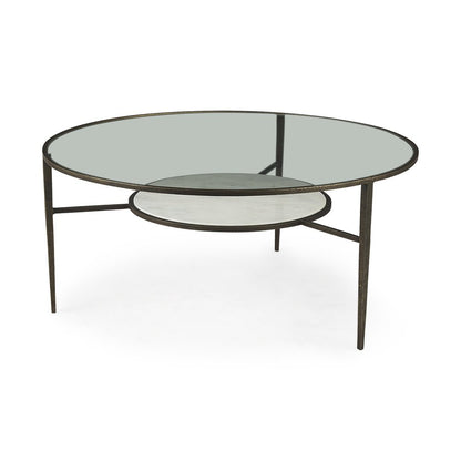 36" Clear and Bronze Glass and Metal Round Coffee Table With Shelf