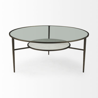 36" Clear And Bronze Glass And Metal Round Coffee Table With Shelf