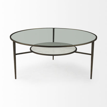 36" Clear and Bronze Glass and Metal Round Coffee Table With Shelf