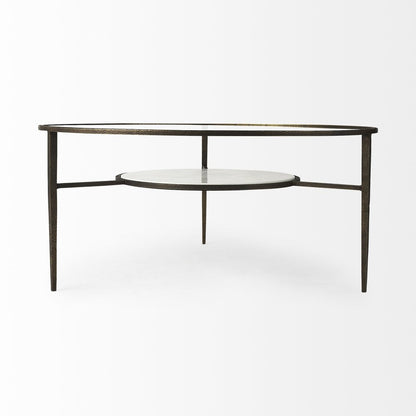 36" Clear and Bronze Glass and Metal Round Coffee Table With Shelf